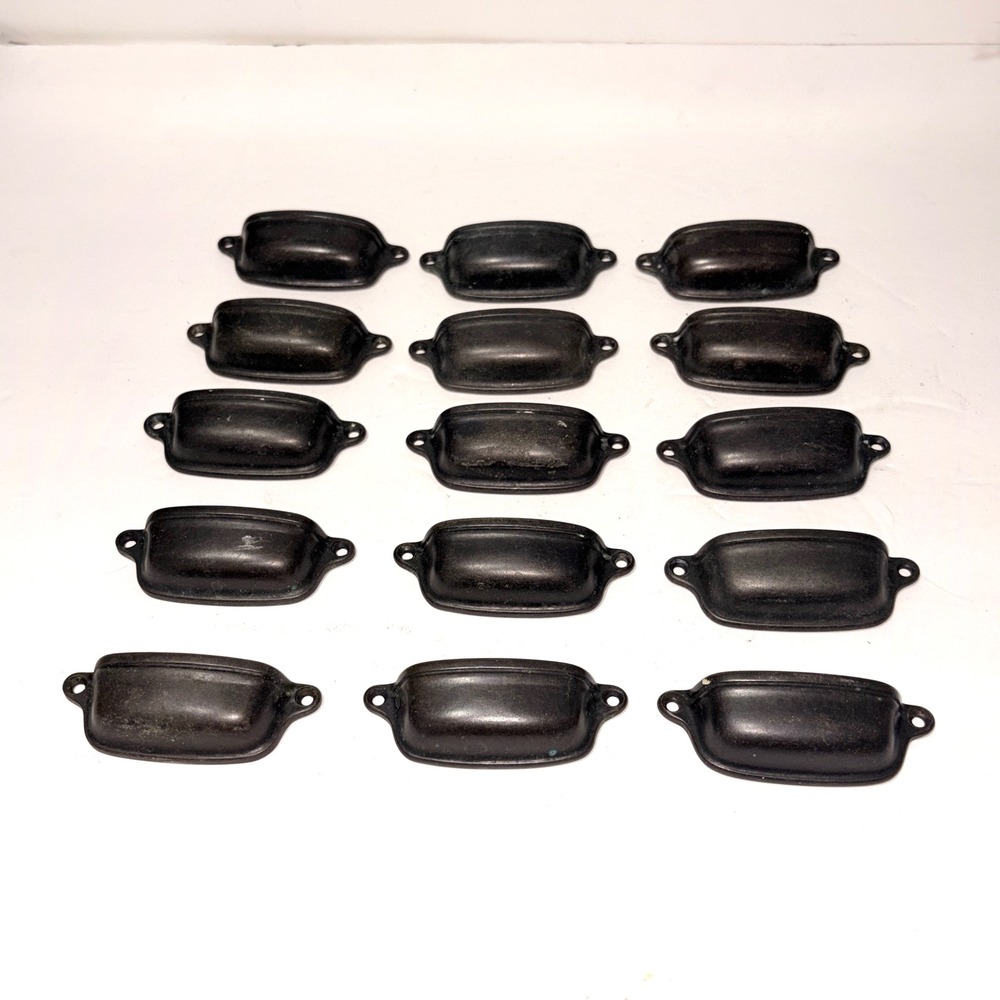 Set of 15 Vintage Bin Cup Drawer Pulls Black Metal Apothecary Cabinet Handles